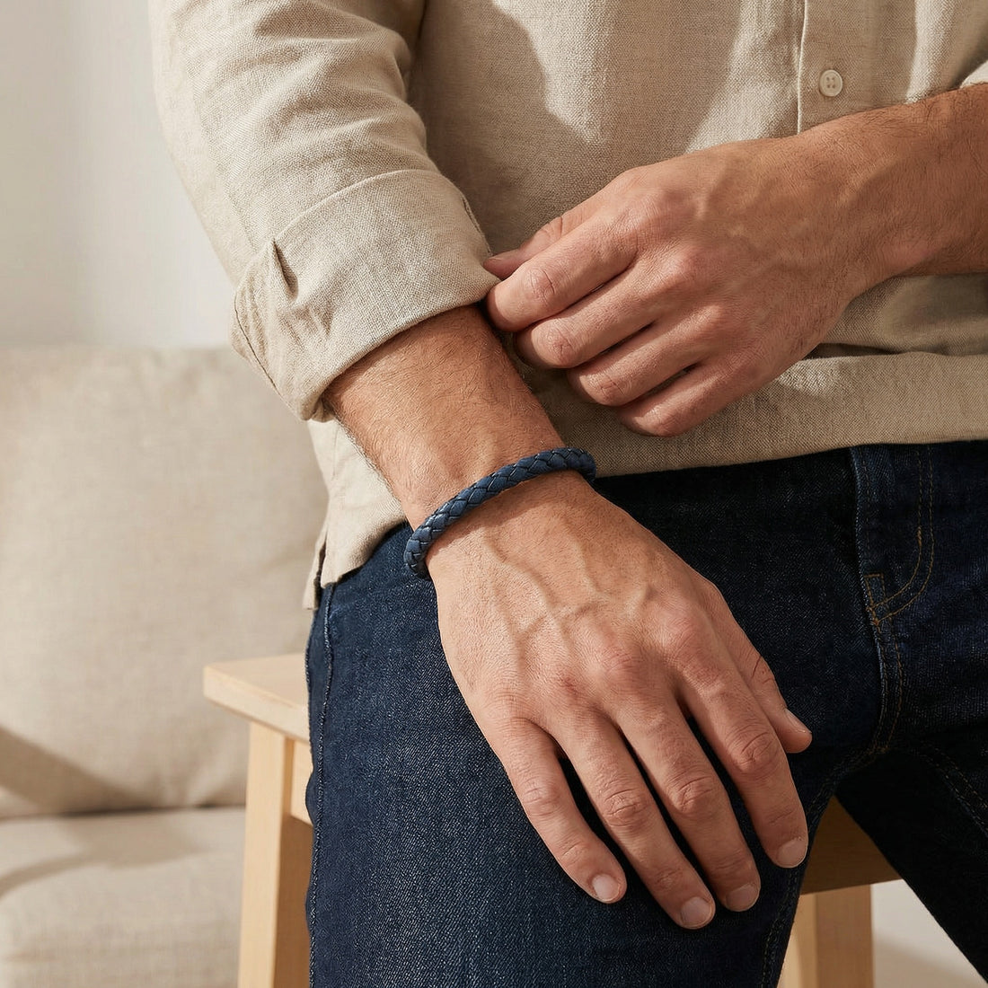 Custom Men’s Leather Bracelet with Hidden Engraving - Blue