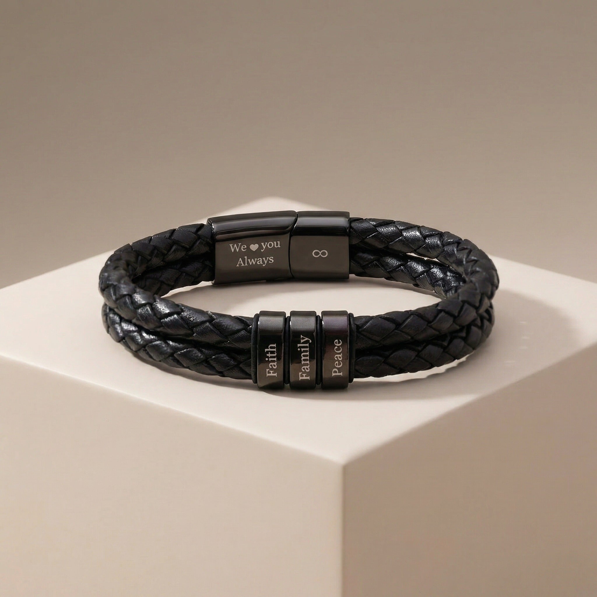 Men's Leather Bracelet with Family Names - Black