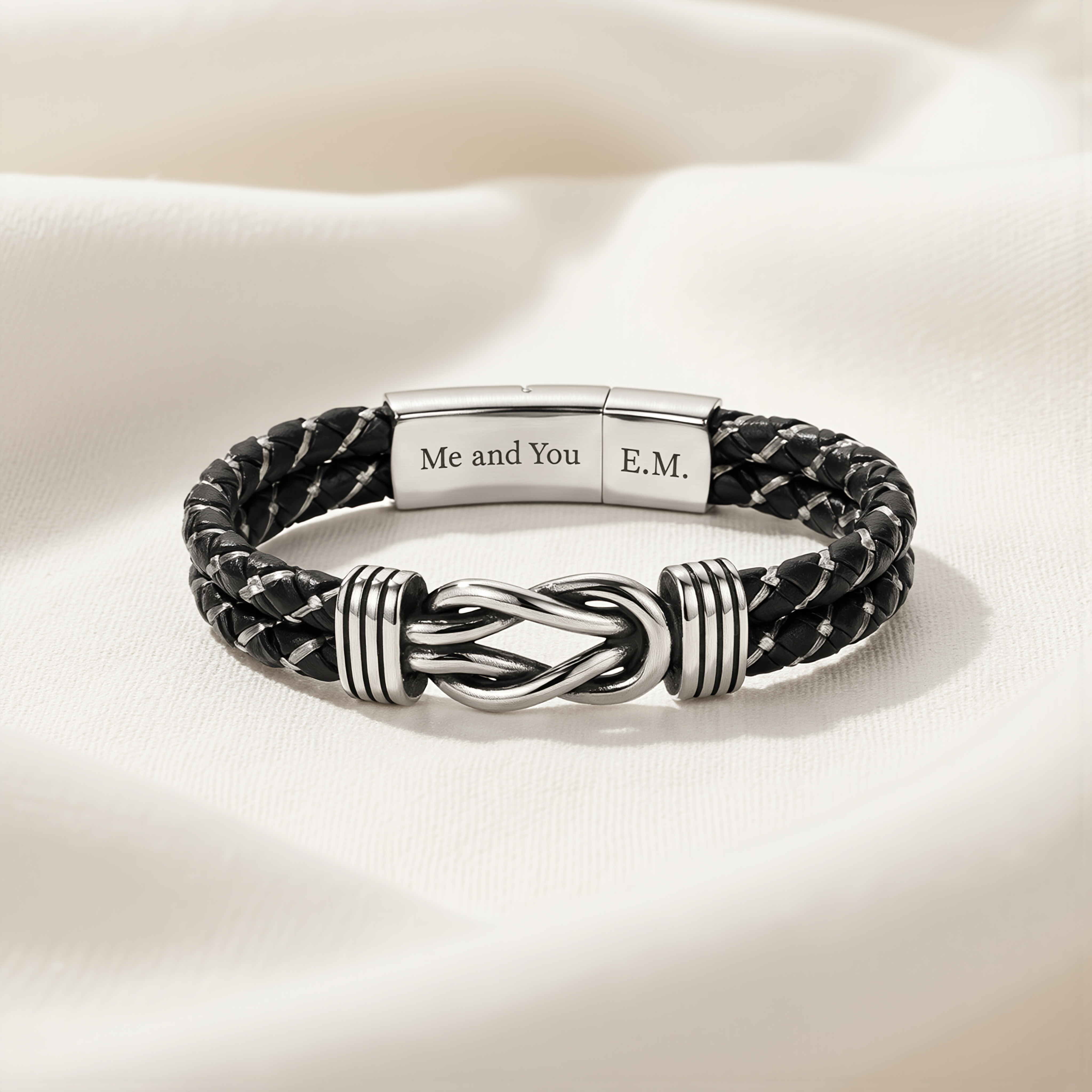 Personalized Infinity Knot Leather Bracelet - Silver Braided