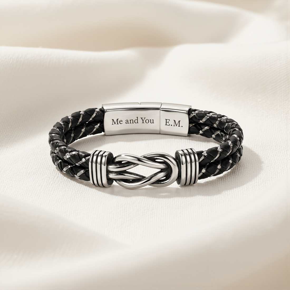Personalized Infinity Knot Leather Bracelet - Silver Braided