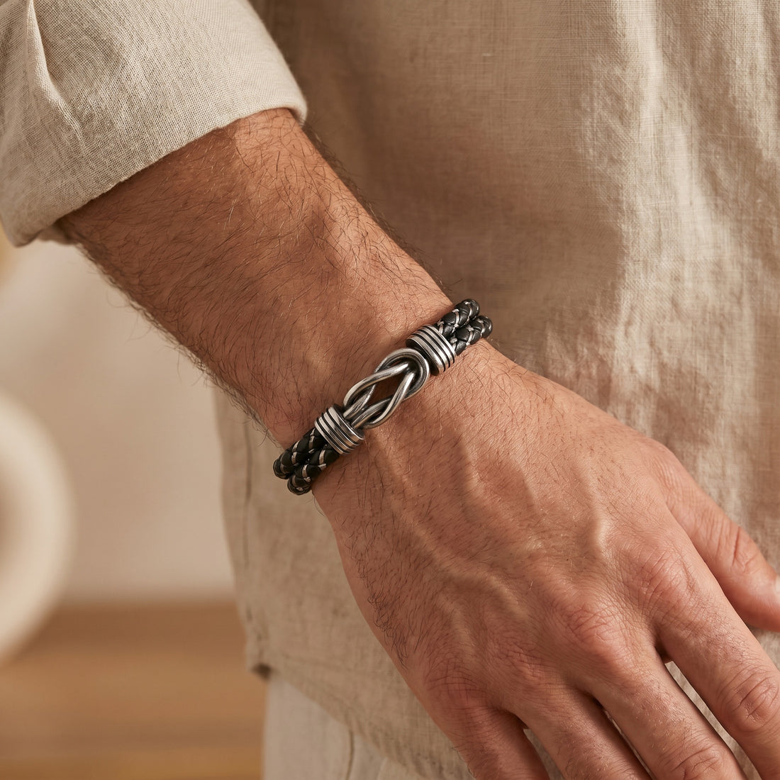 Personalized Infinity Knot Leather Bracelet - Silver Braided