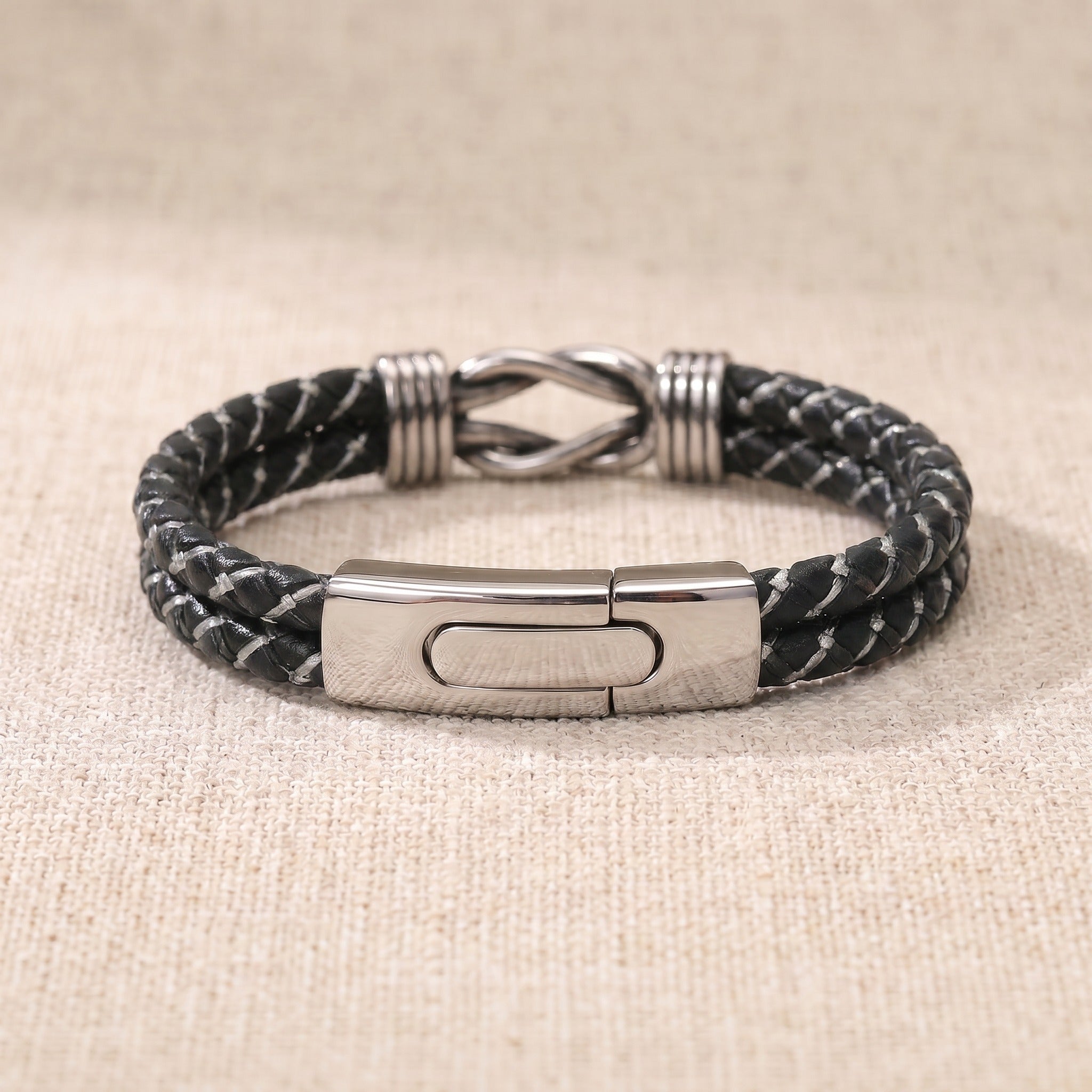Personalized Infinity Knot Leather Bracelet - Silver Braided