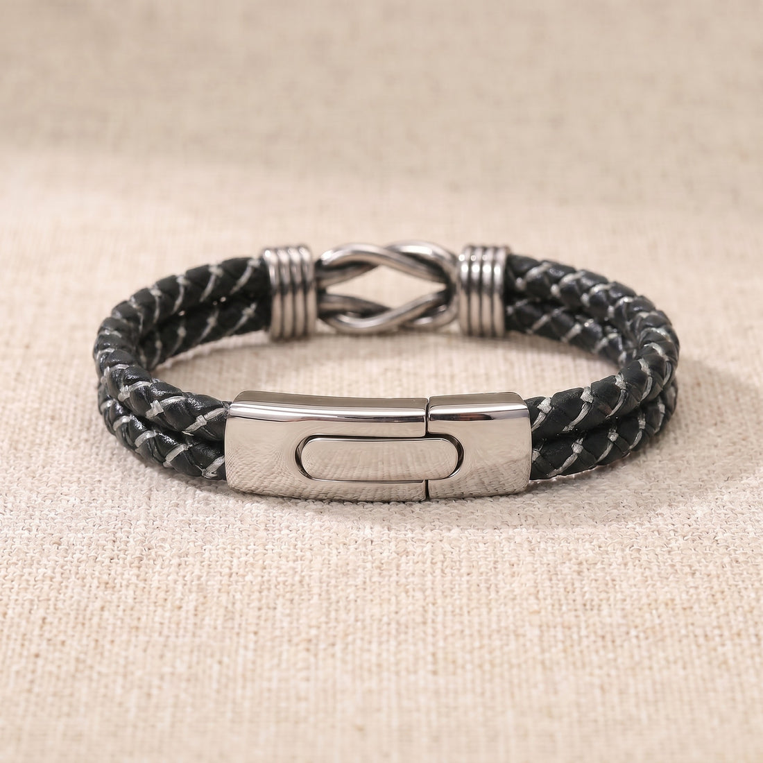 Personalized Infinity Knot Leather Bracelet - Silver Braided