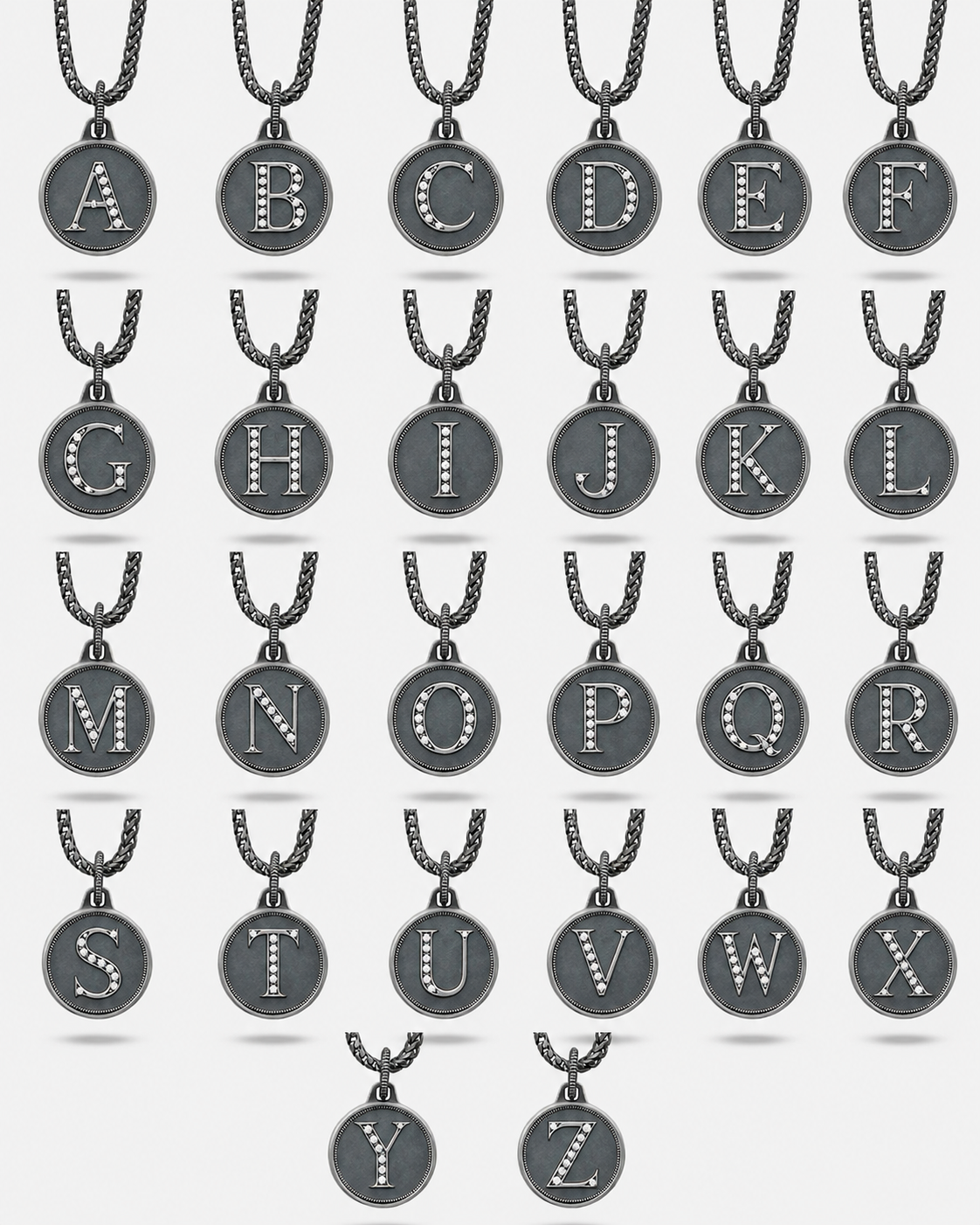 Set of necklaces with letter pendants on a white background