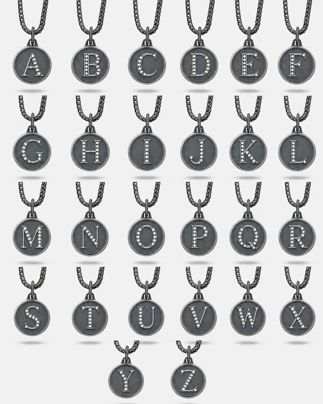 Set of necklaces with letter pendants on a white background
