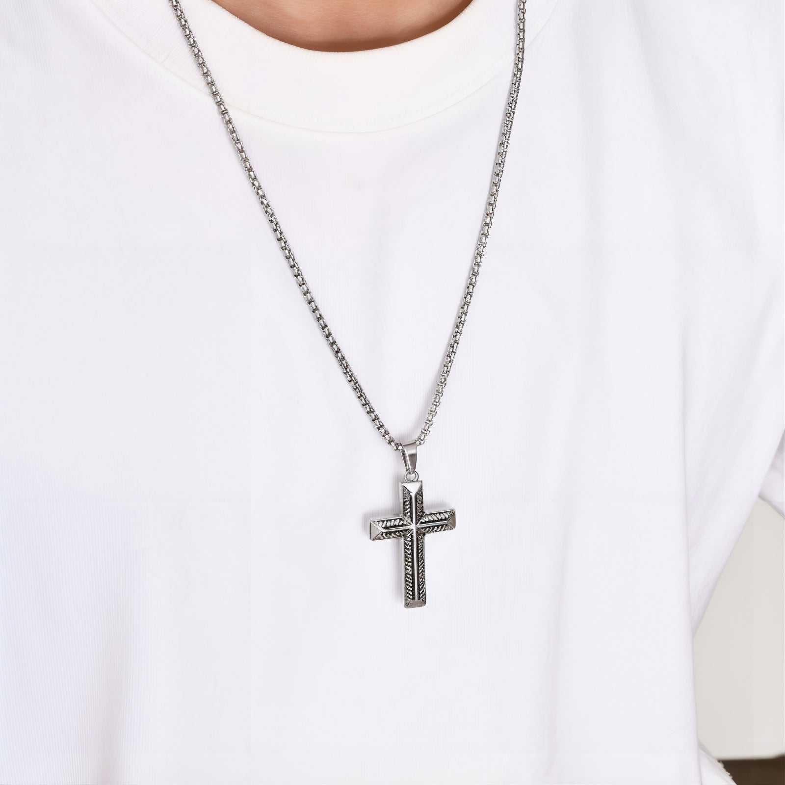 Silver cross necklace for men with personalized message