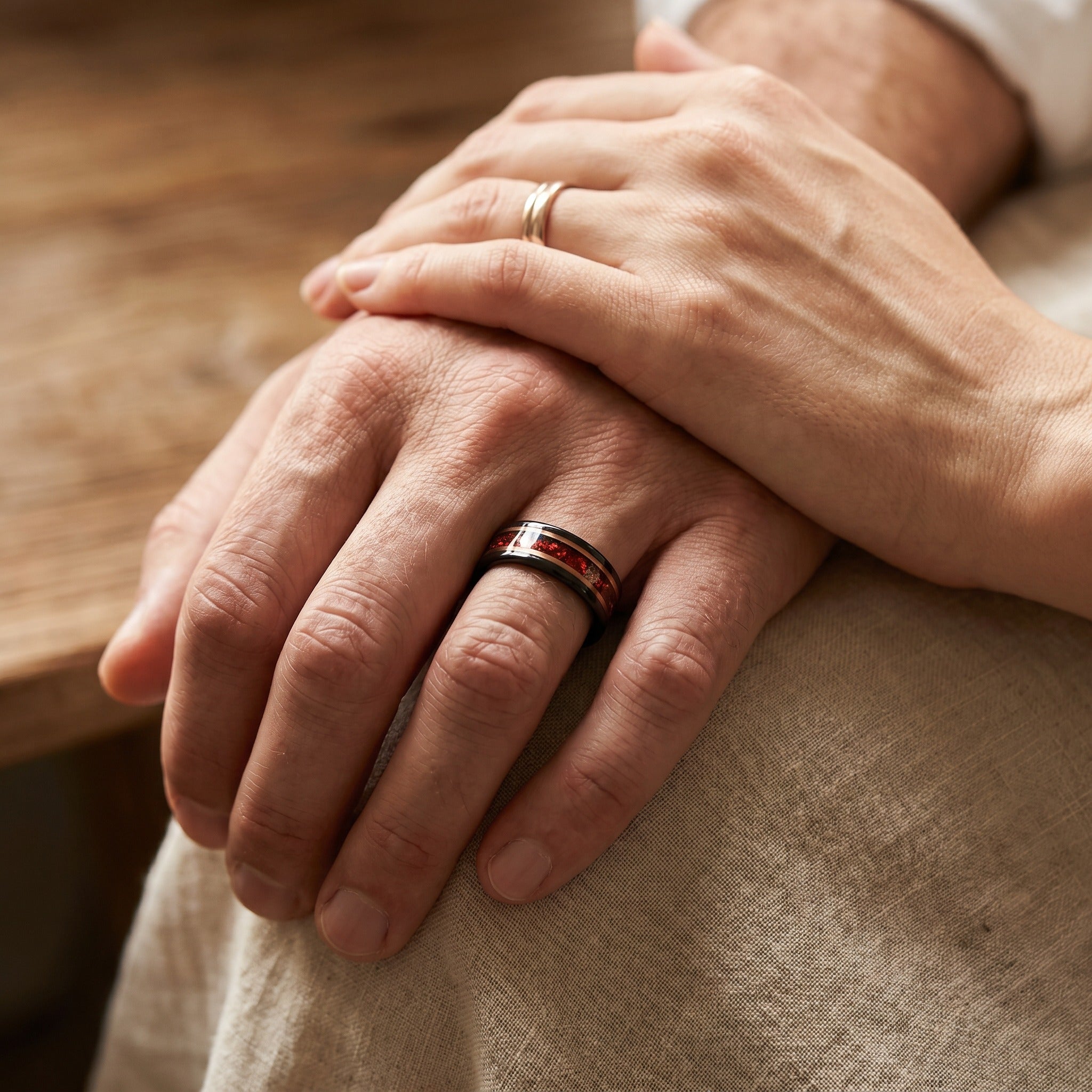 Red Opal Black Tungsten Wedding Band with Rose Gold Inlay