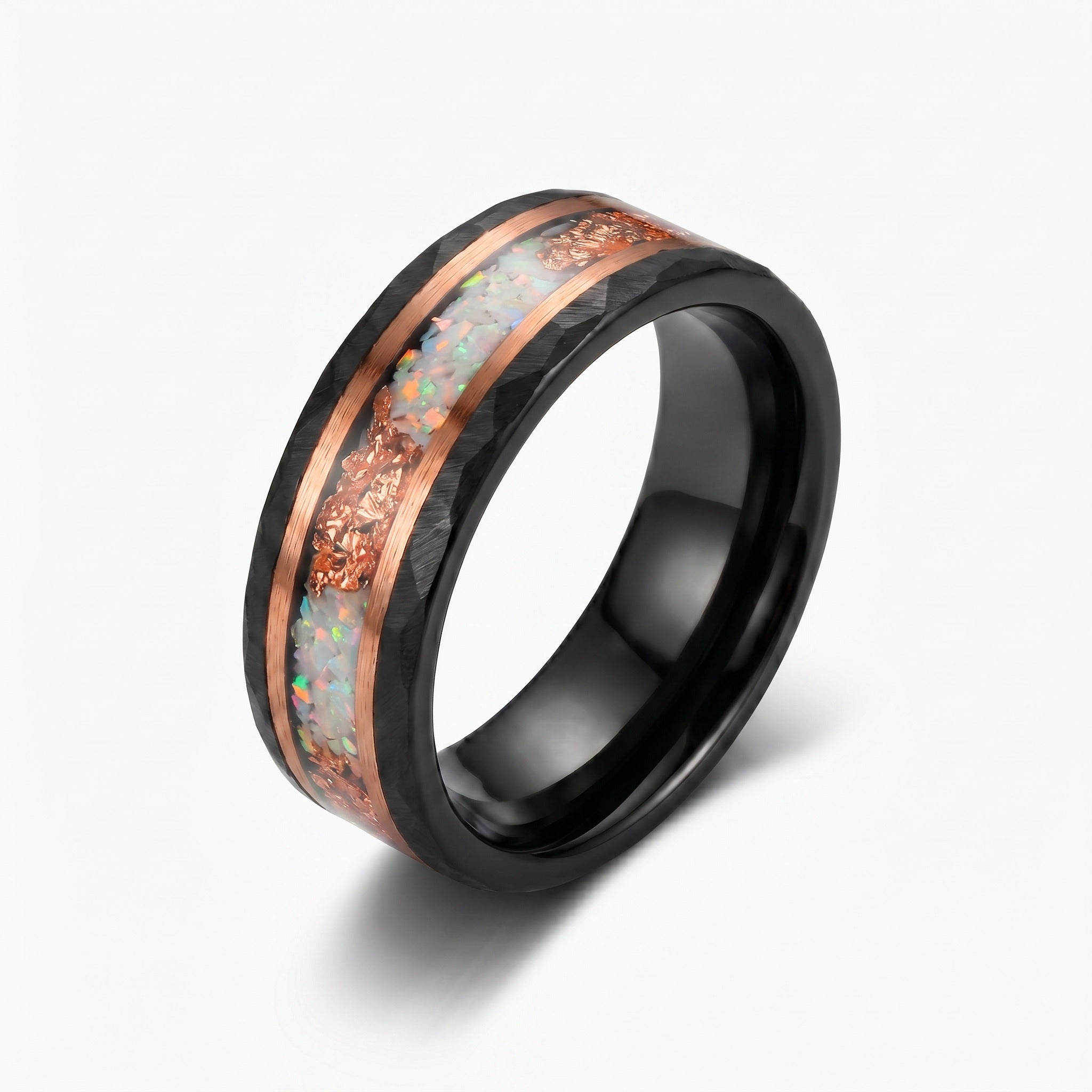 Black Tungsten Wedding Band with White Opal and Rose Gold Inlay