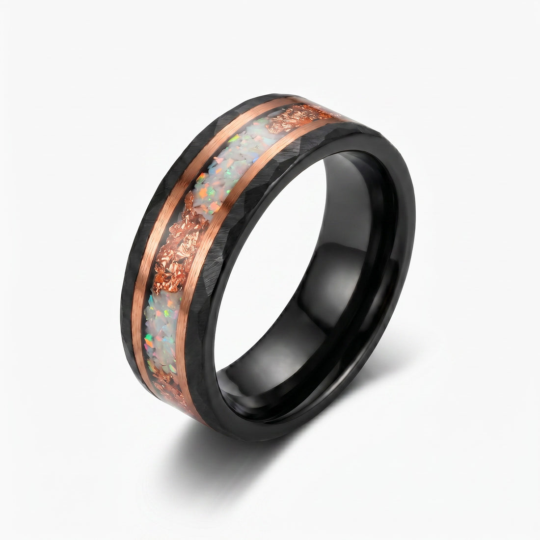 Black Tungsten Wedding Band with White Opal and Rose Gold Inlay