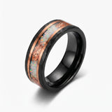 Black Tungsten Wedding Band with White Opal and Rose Gold Inlay