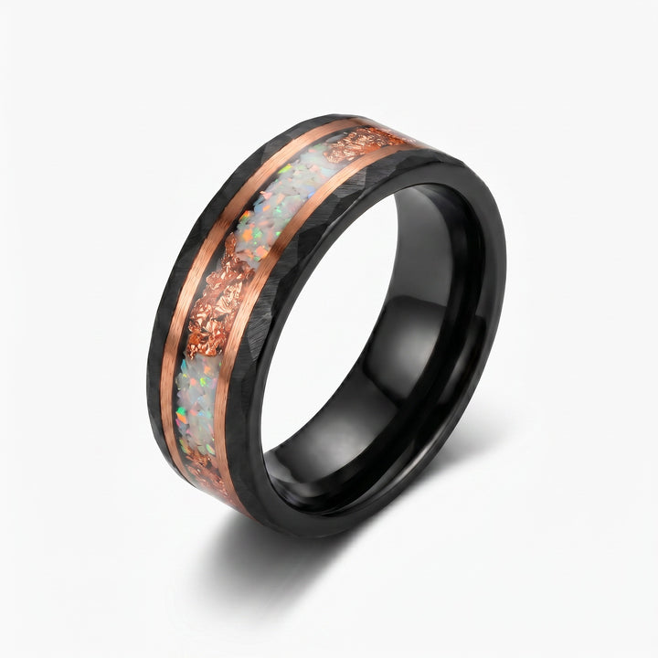 Black Tungsten Wedding Band with White Opal and Rose Gold Inlay