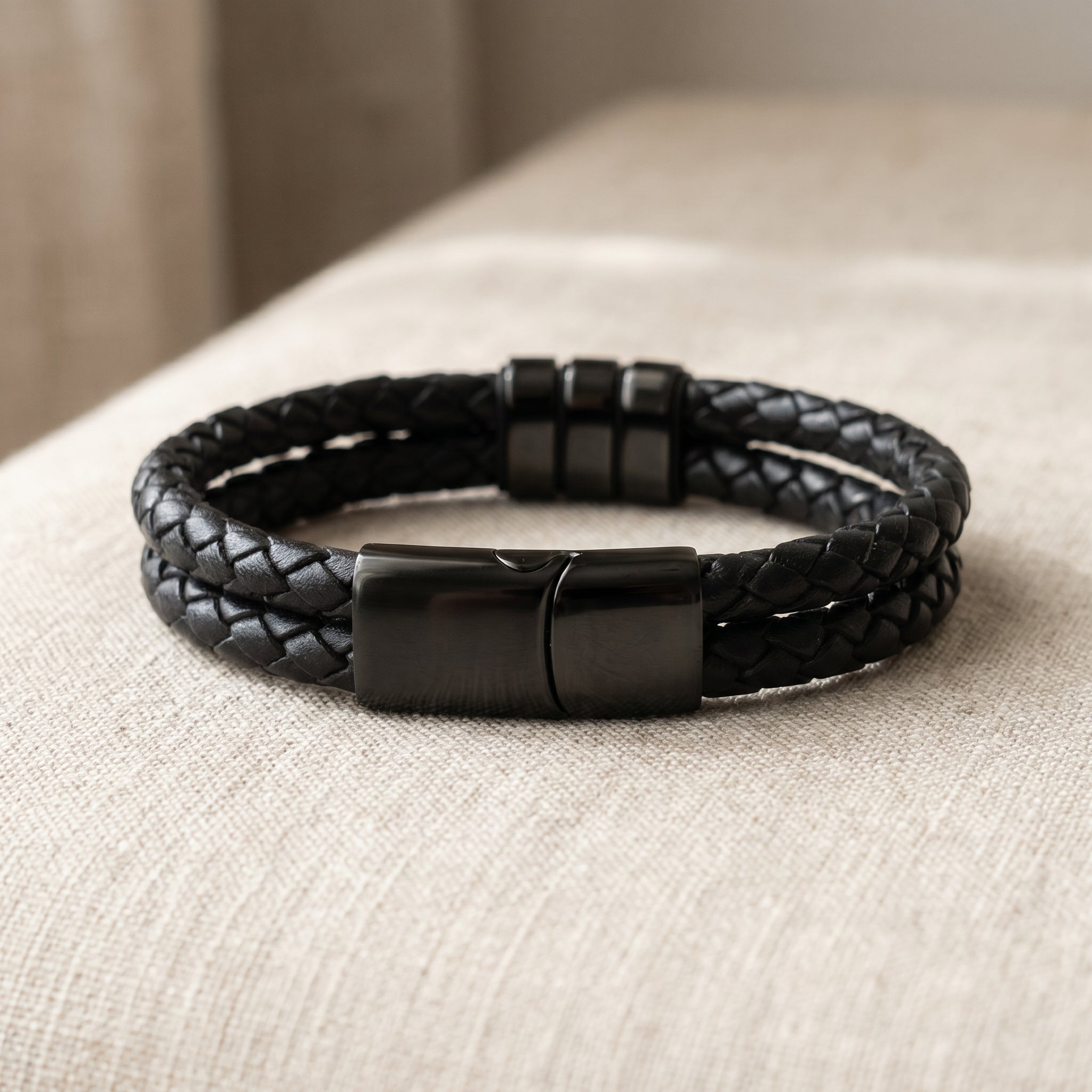 Men's Leather Bracelet with Family Names - Black