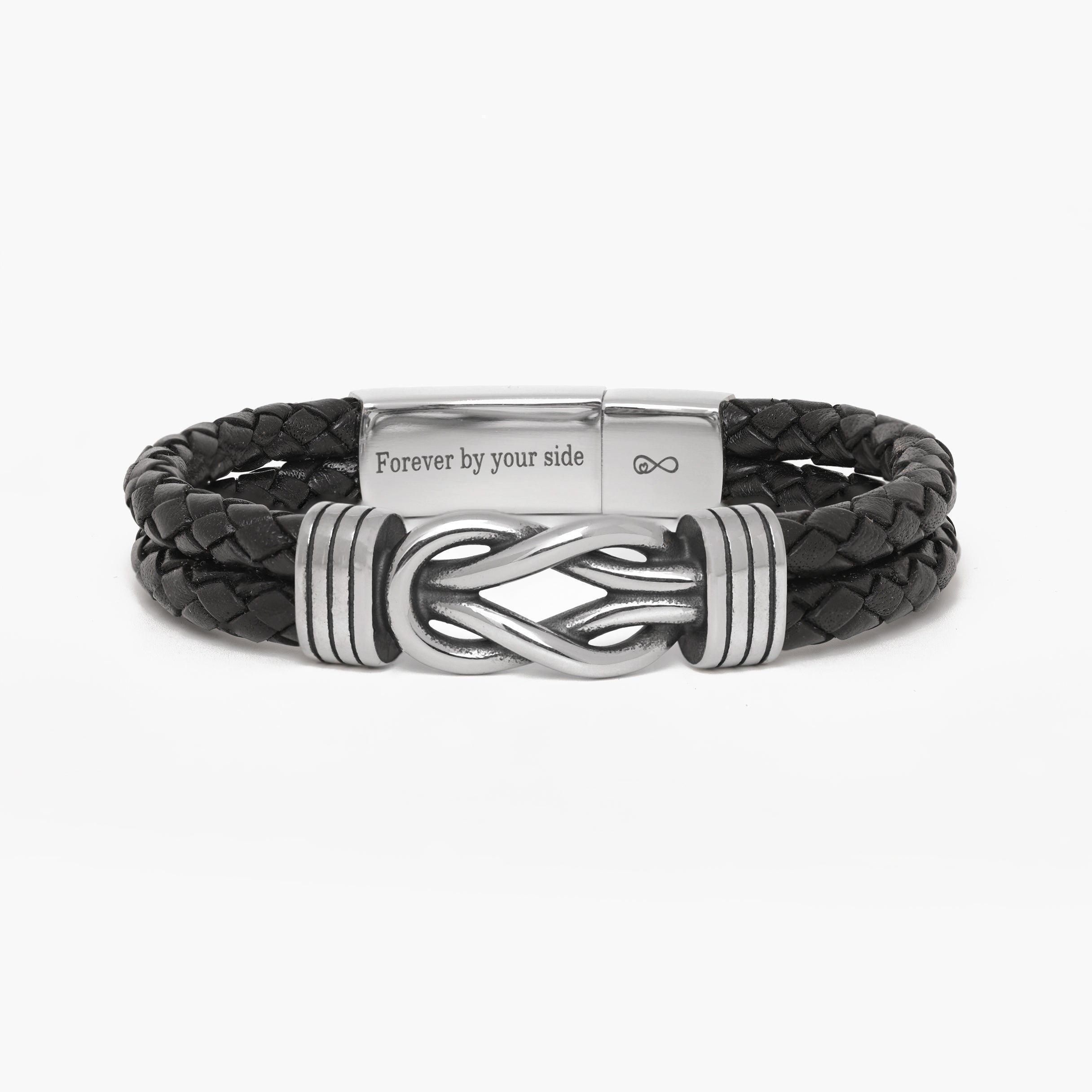 A black braided leather bracelet with a polished silver-tone metal clasp featuring an infinity symbol and the engraved text 'Forever by your side'.