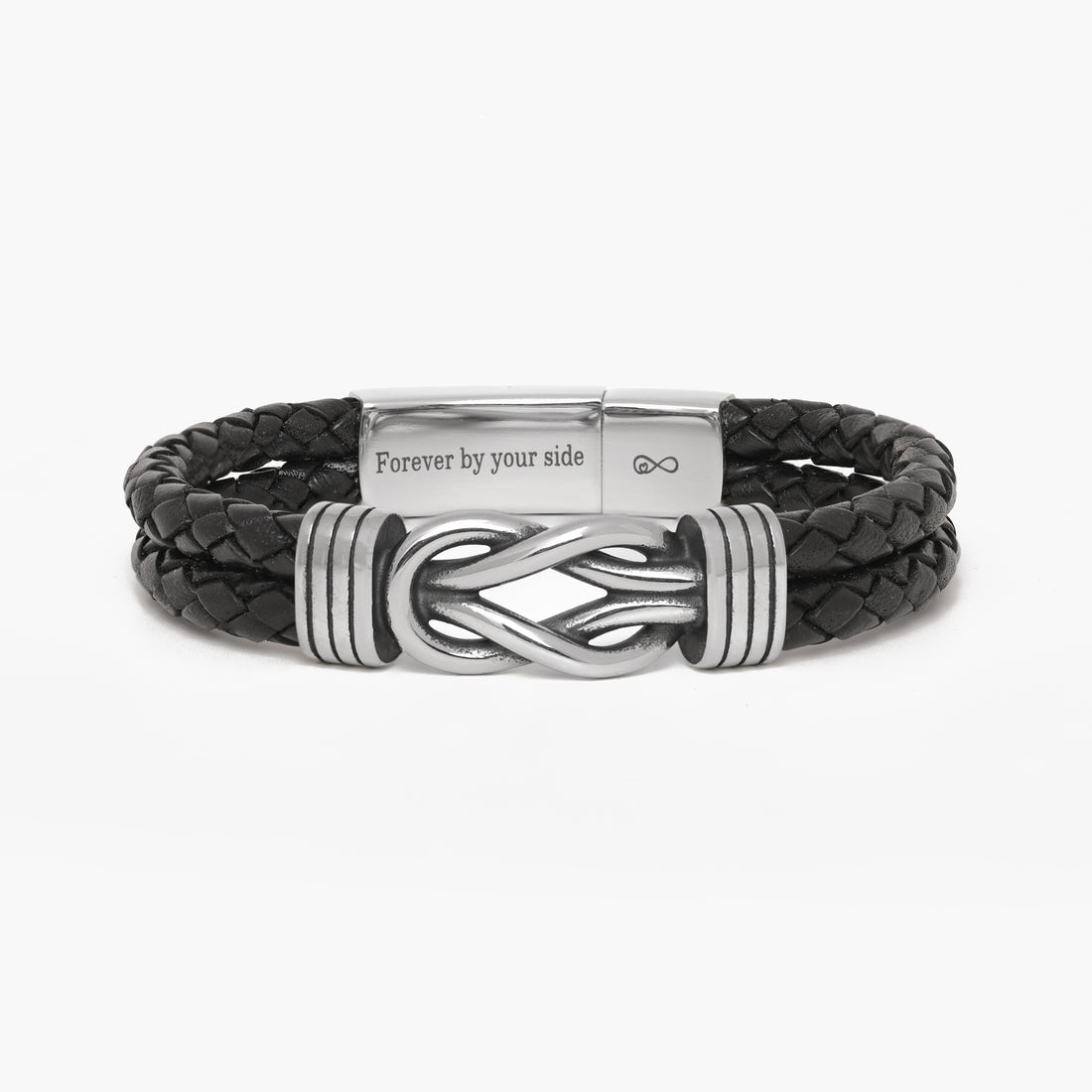 A black braided leather bracelet with a polished silver-tone metal clasp featuring an infinity symbol and the engraved text 'Forever by your side'.