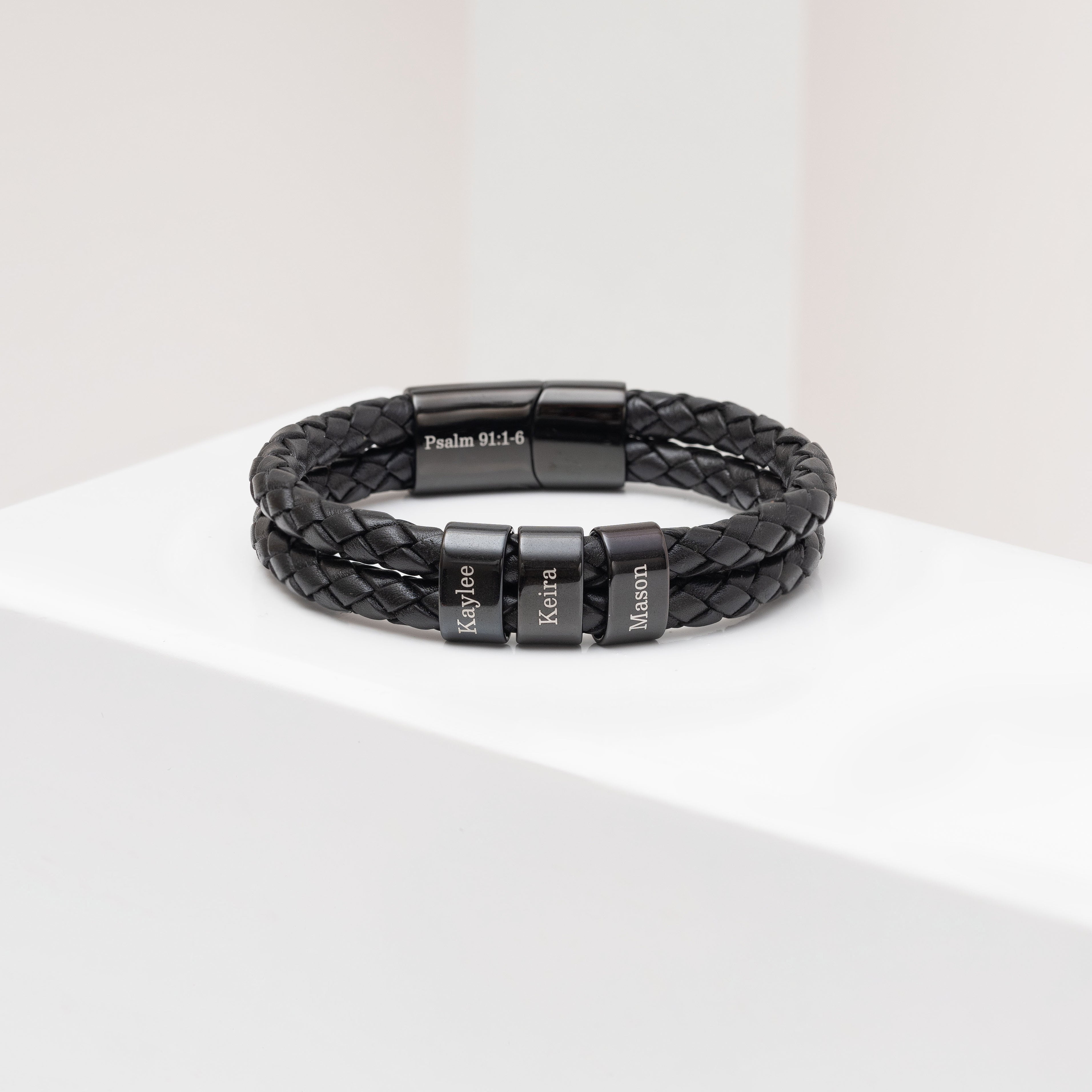 Pulsera de cuero personalizada para hombres con nombres de niños - Negra