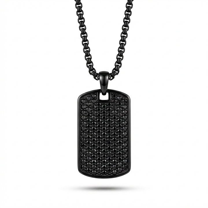 Black dog tag necklace on a white background