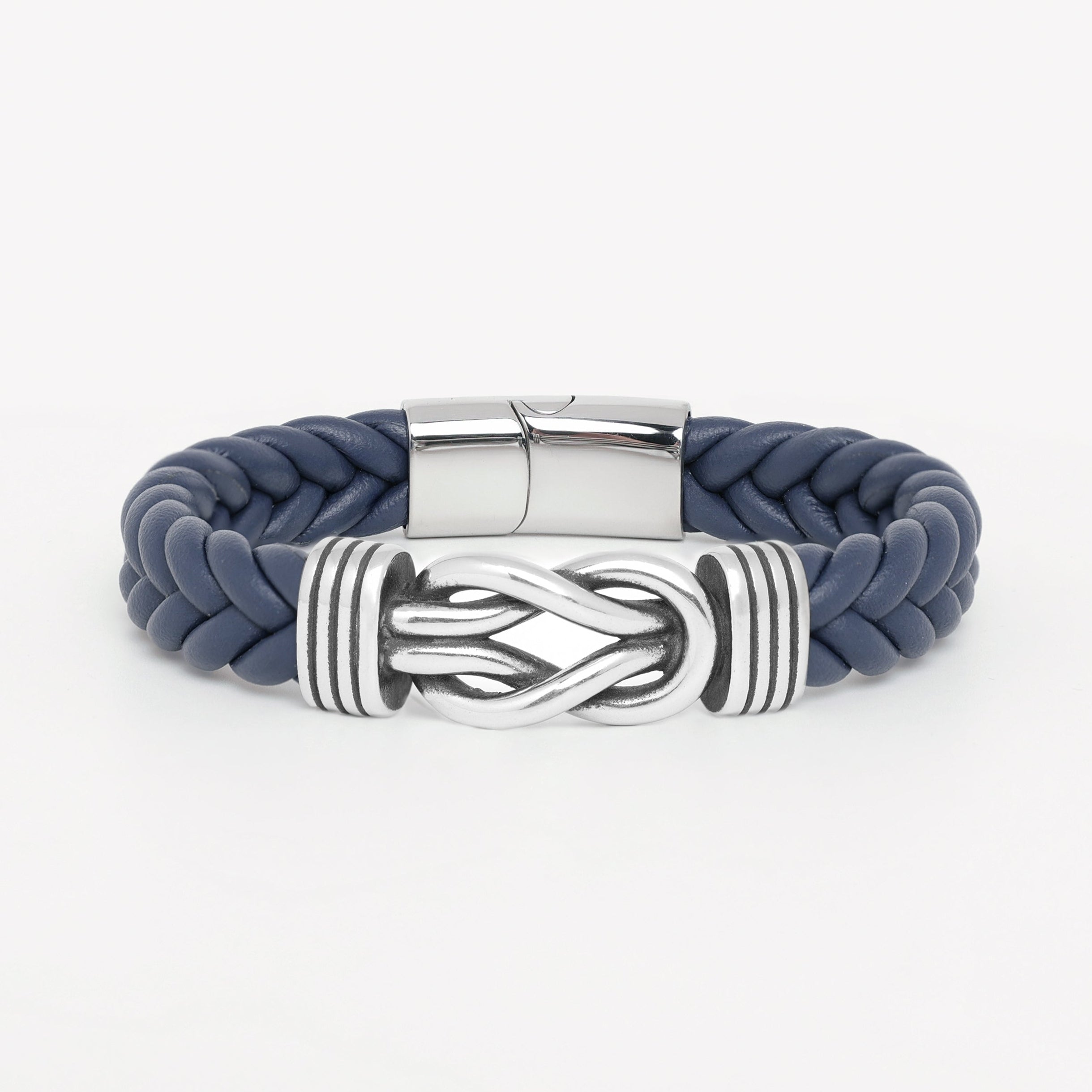 A braided navy blue leather bracelet with a polished silver-toned knot clasp and a matching silver-toned magnetic end cap, shown on a clean white background.