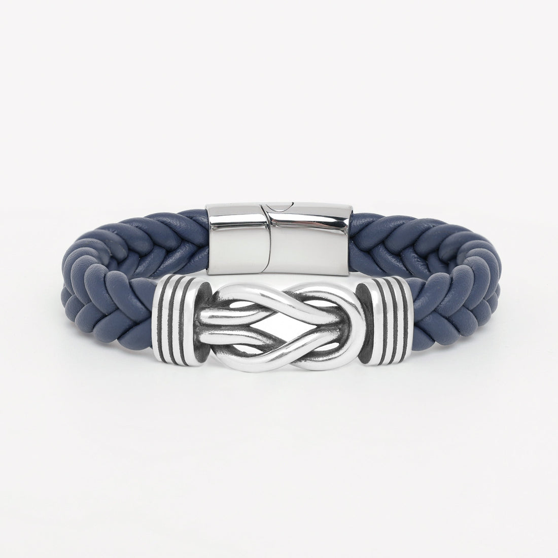 A braided navy blue leather bracelet with a polished silver-toned knot clasp and a matching silver-toned magnetic end cap, shown on a clean white background.