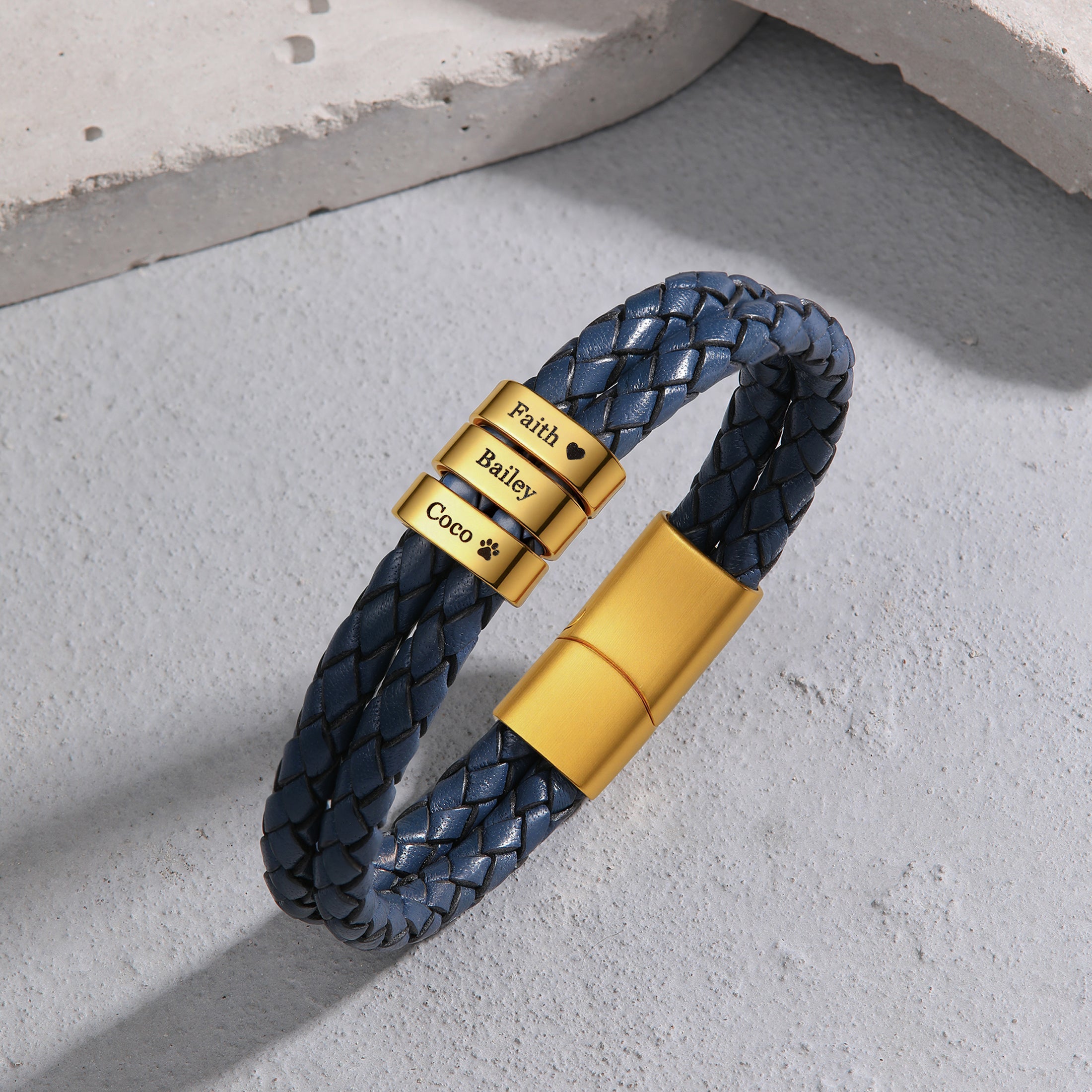 men’s blue leather bracelet with engraved family names