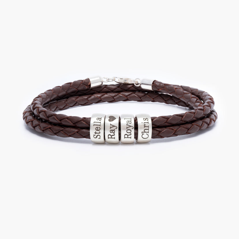 PERSONALIZED NAMES LEATHER BRACELET BROWN WITH SILVER CHARMS