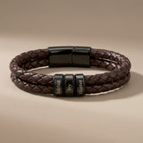 Men's Leather Bracelet with Family Names - Brown