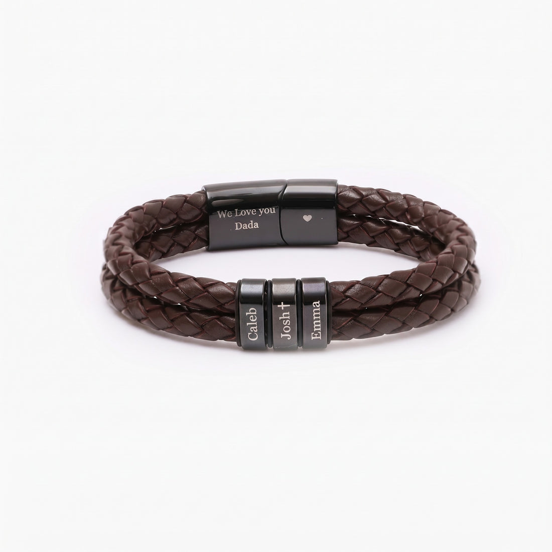 Brown braided leather bracelet with engraved metal tags on a white background