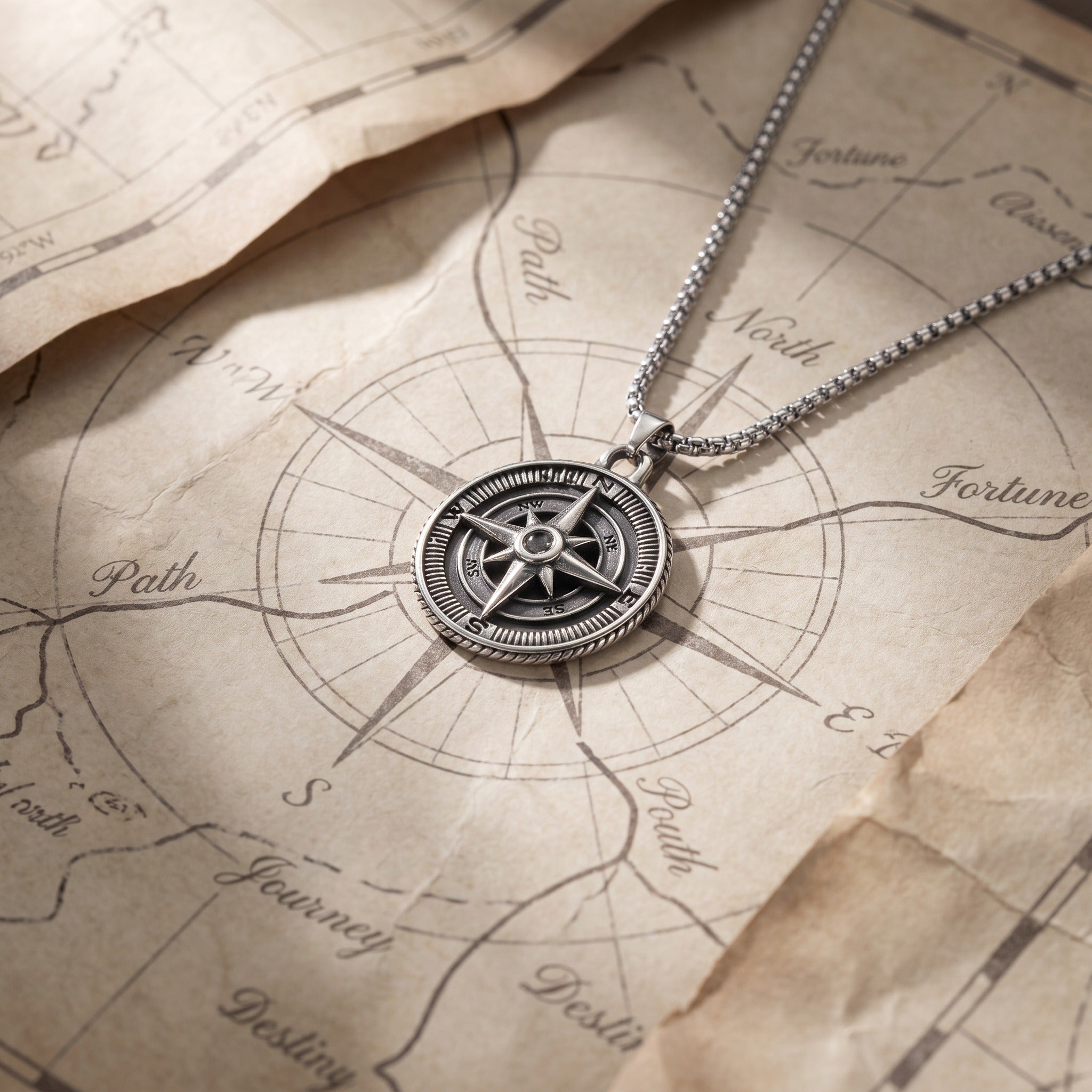 Compass necklace on an old map