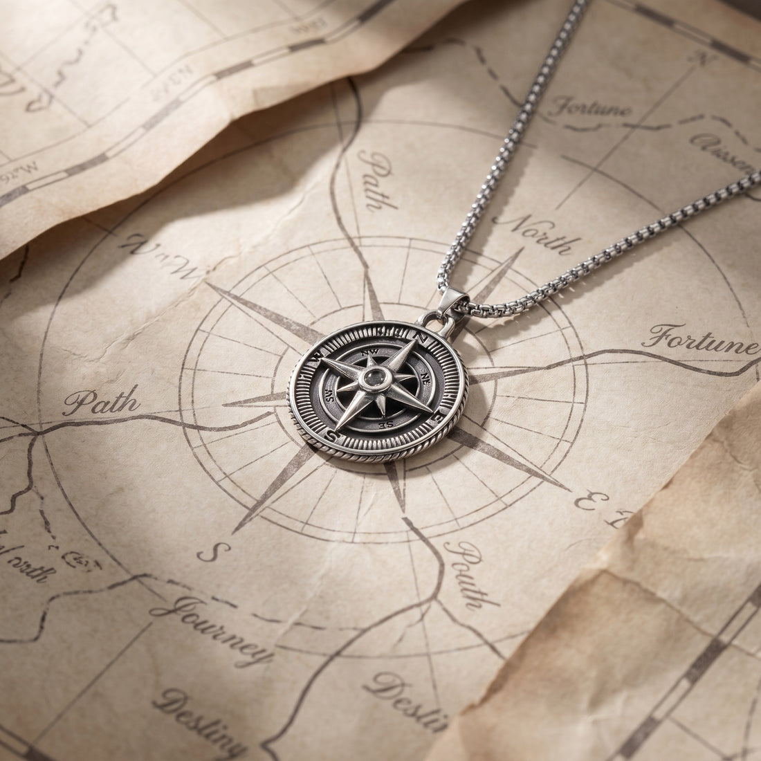 Compass necklace on an old map