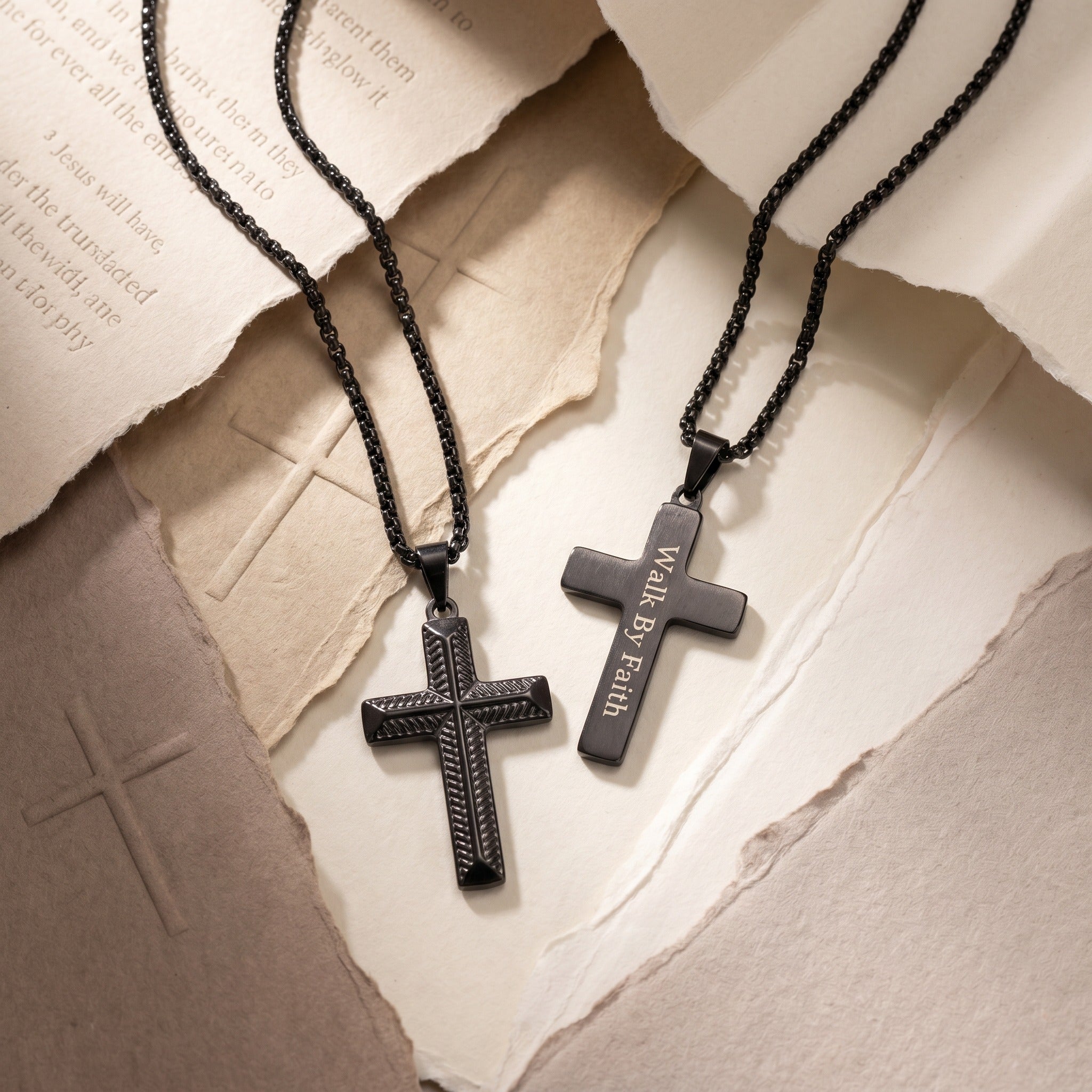Men’s Black Cross Necklace with Custom Engraving