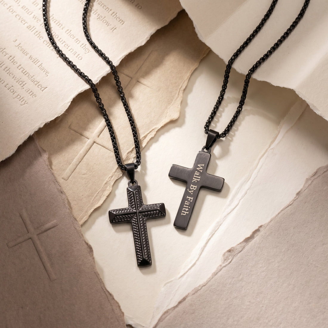 Men’s Black Cross Necklace with Custom Engraving