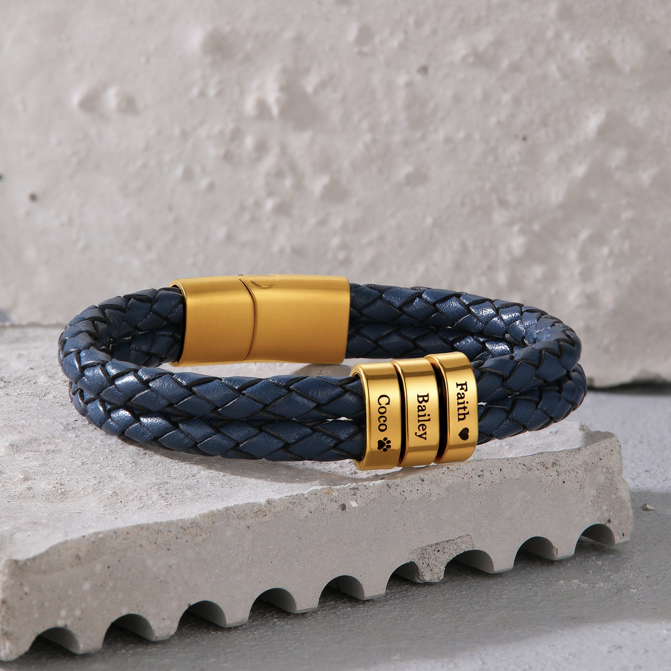 custom blue leather name bracelet for men, ideal gift for dad