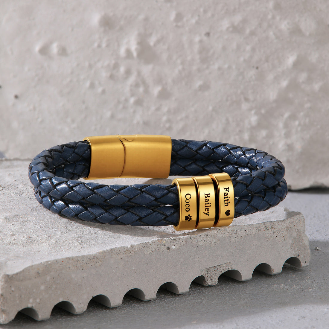 custom blue leather name bracelet for men, ideal gift for dad