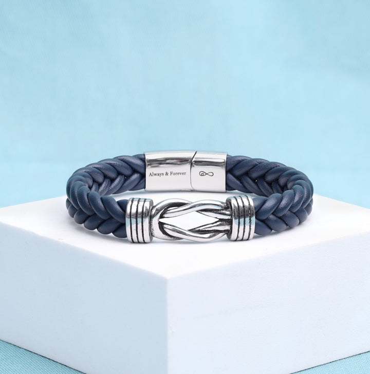 Blue Leather Infinity Knot Bracelet with Custom Engraving
