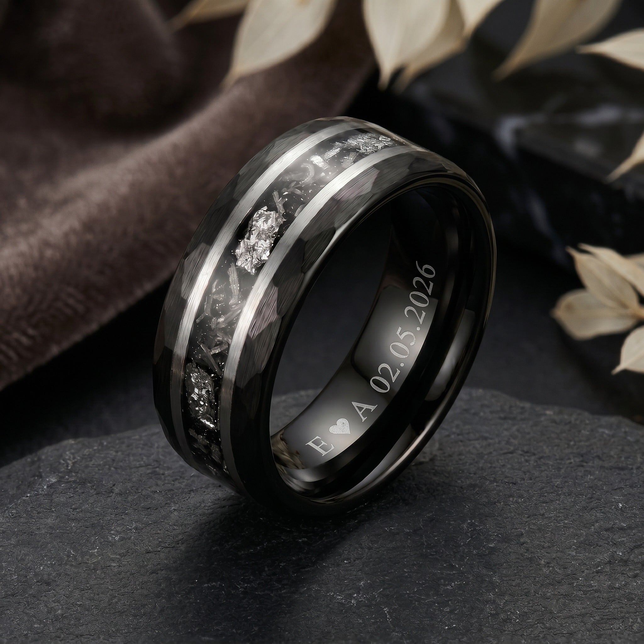 Men’s Black Tungsten Meteorite Ring with Brushed Silver Inlay