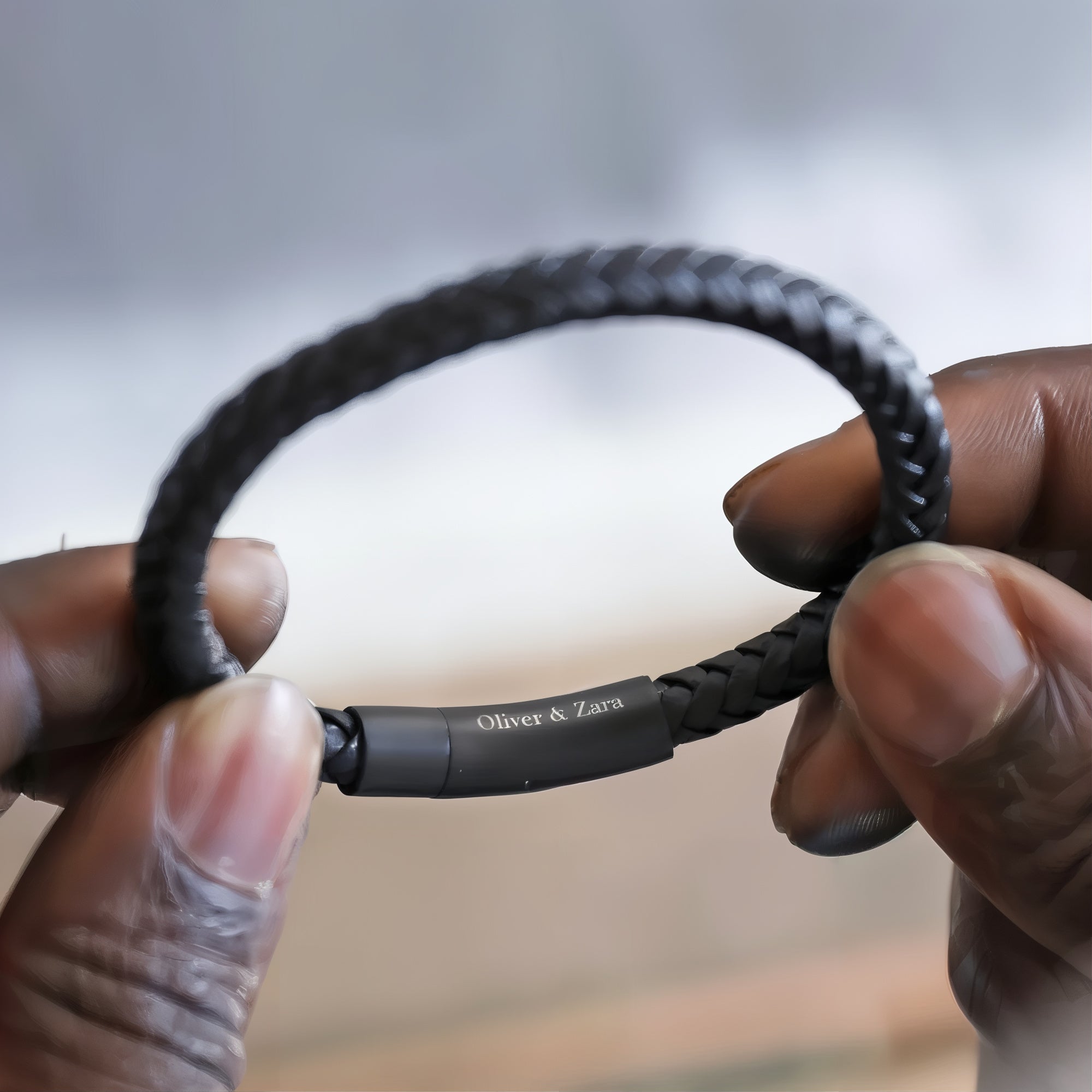 Personalized leather bracelet with hidden engraved message for men

