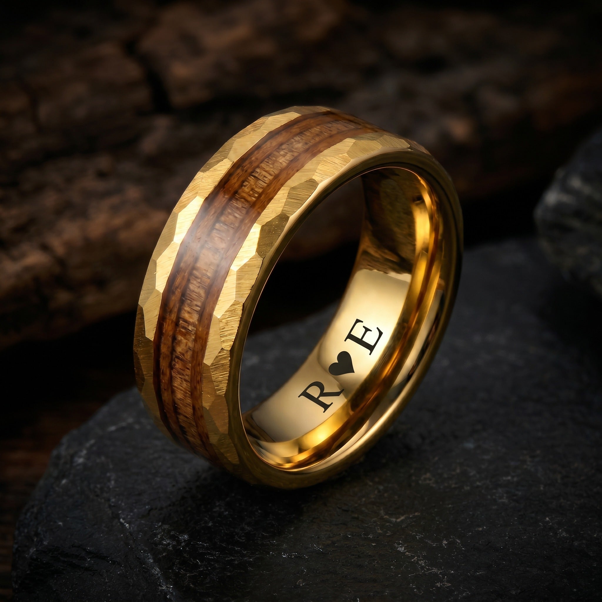Hammered Tungsten Wedding Band with Antler and Wood Inlay