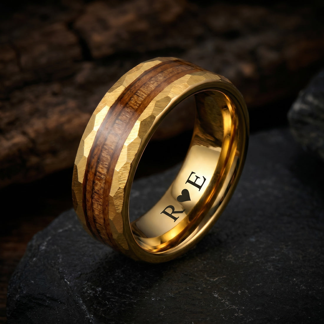 Hammered Tungsten Wedding Band with Antler and Wood Inlay