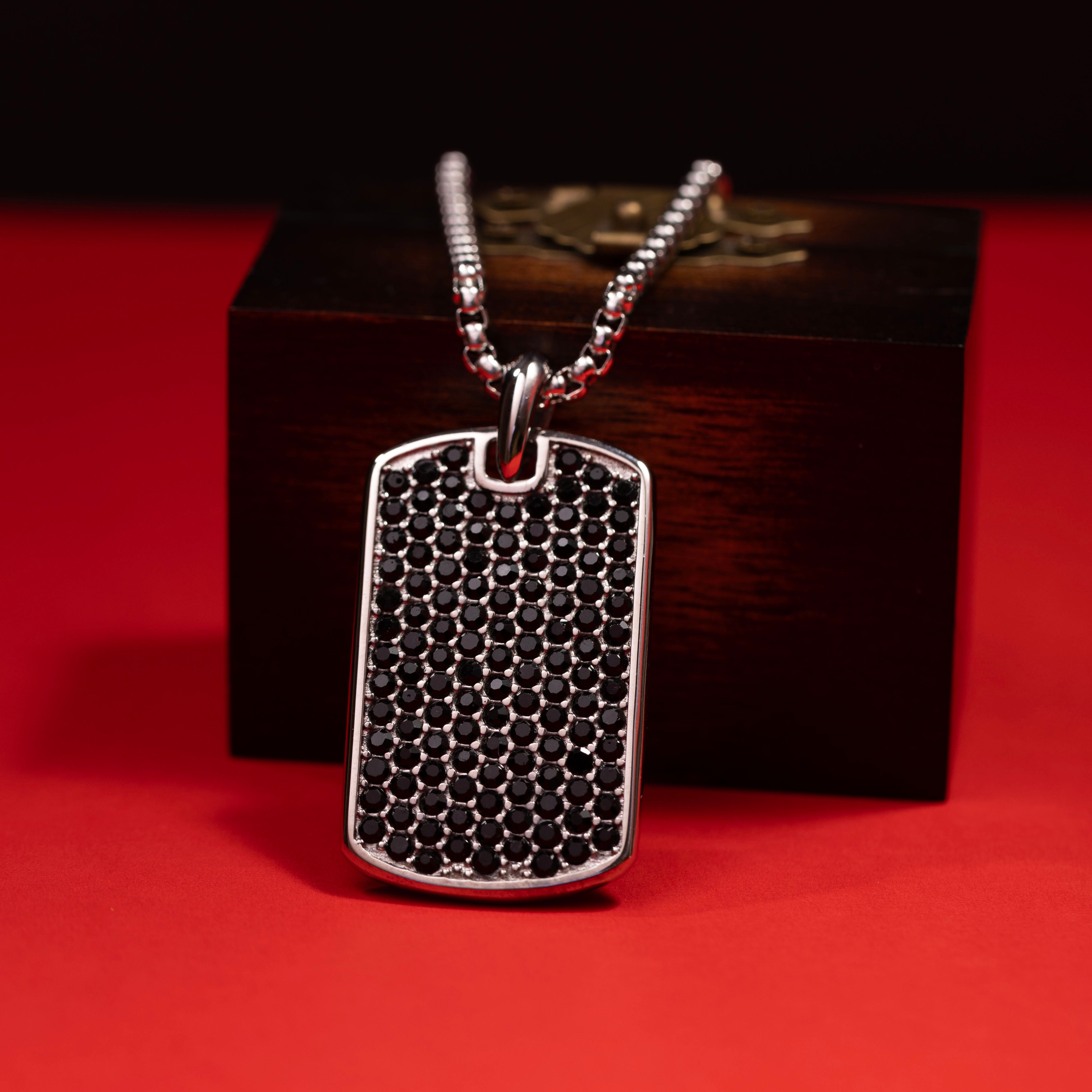 Personalized Silver tag necklace with initials and black diamond
