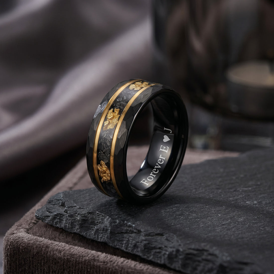 Black Tungsten Wedding Band with Gold Inlay and Meteorites