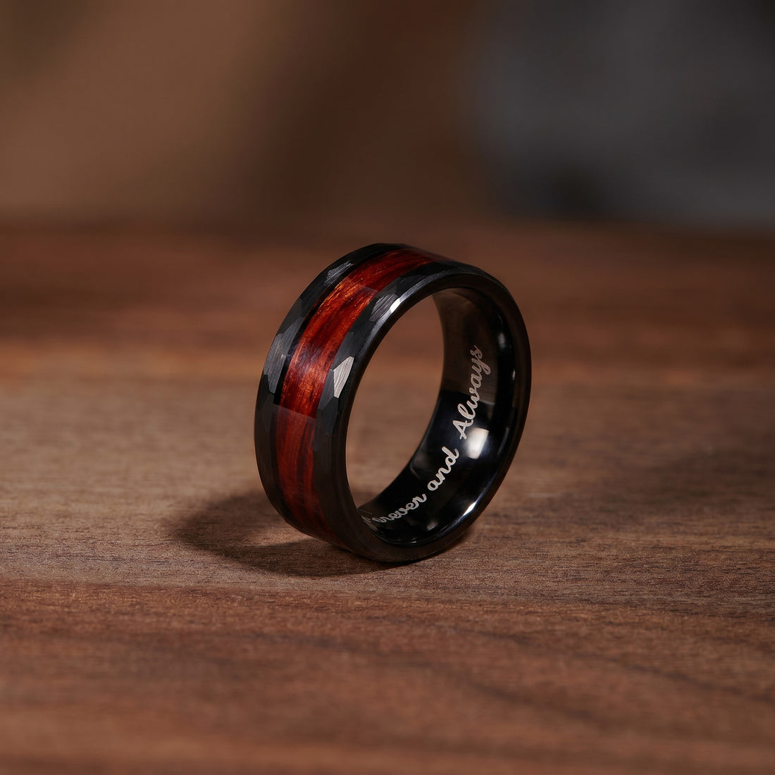 Black Tungsten Ring with Whiskey Barrel Wood Inlay
