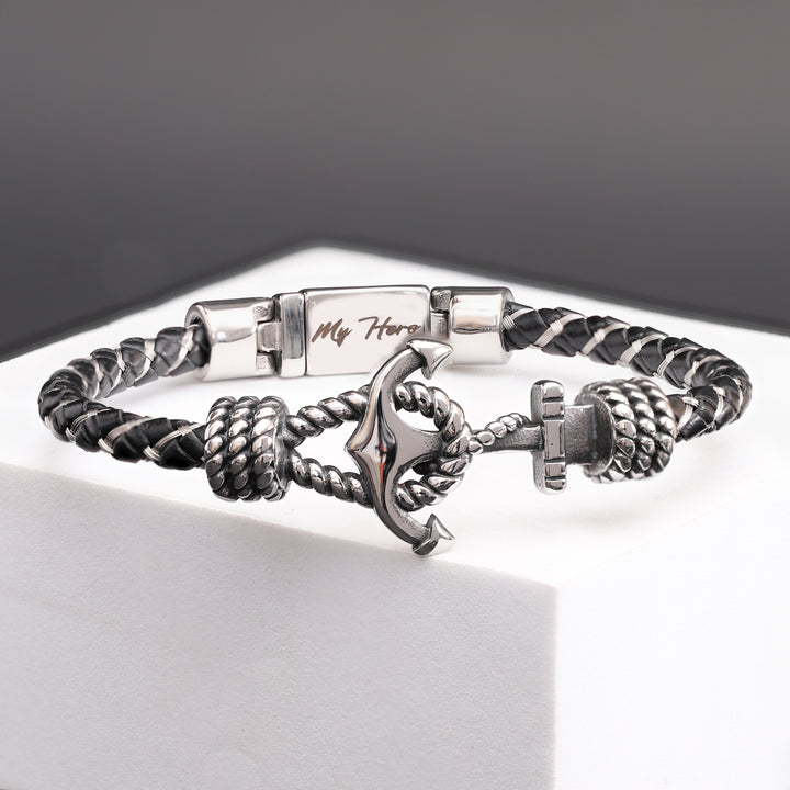 Gepersonaliseerde leren herenarmband met verborgen ankerbericht