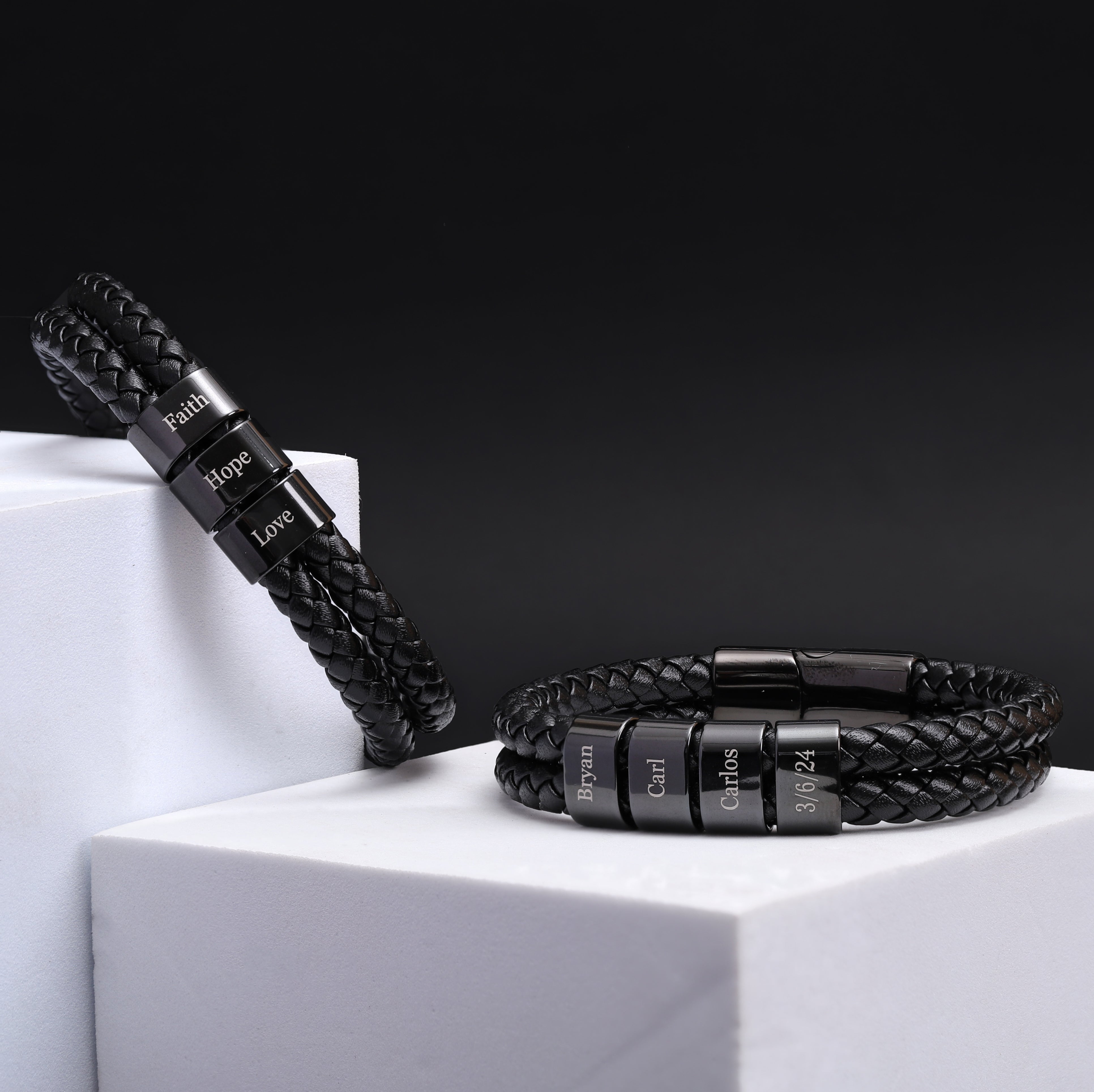 Pulsera de cuero personalizada para hombres con nombres de niños - Negra