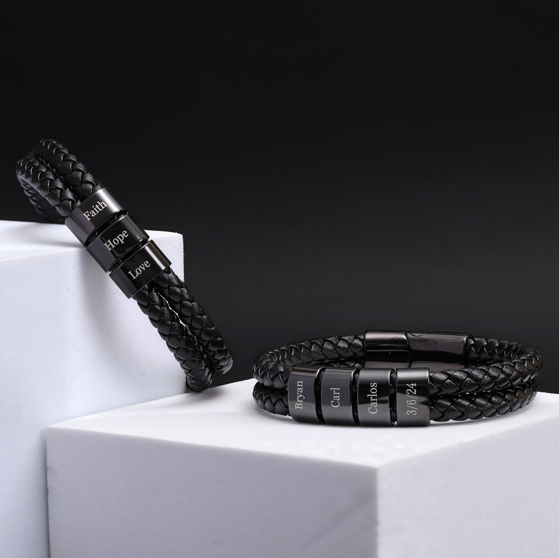 Pulsera de cuero personalizada para hombres con nombres de niños - Negra