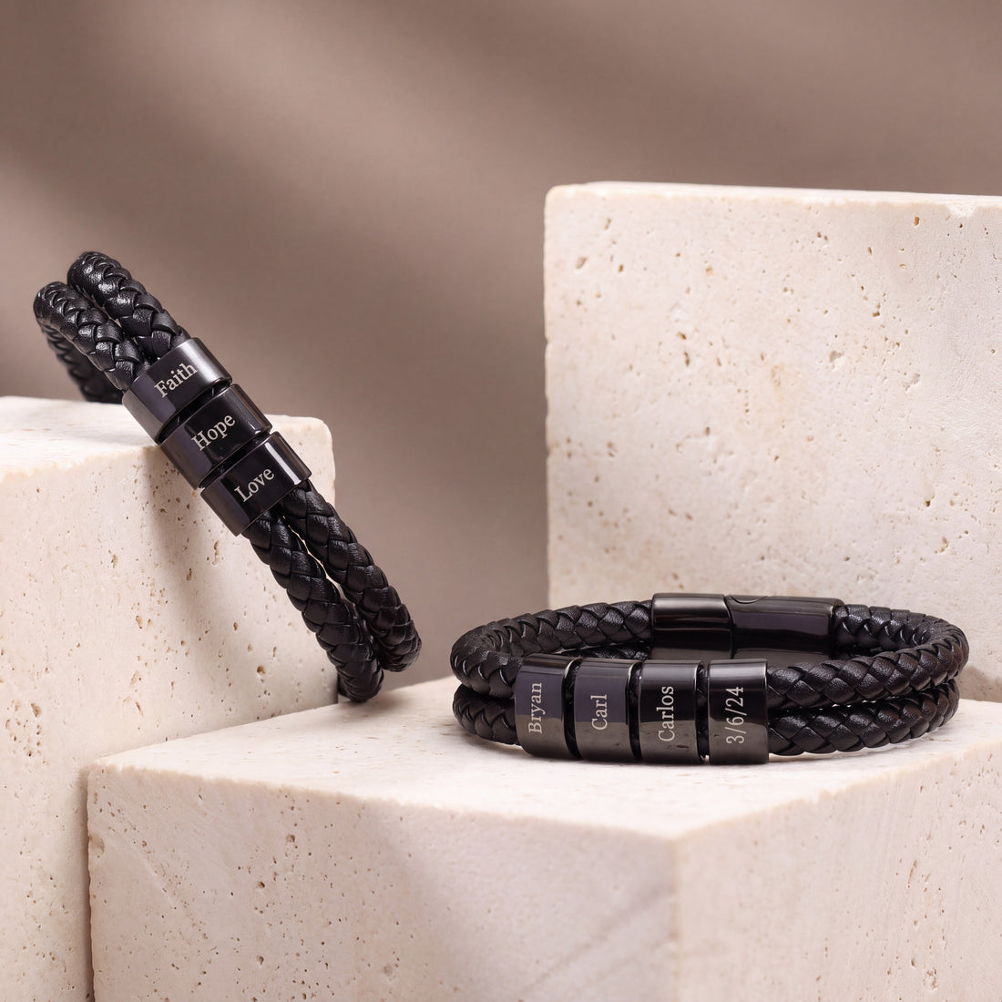 Men's Personalized Leather Bracelet with Kids Names
