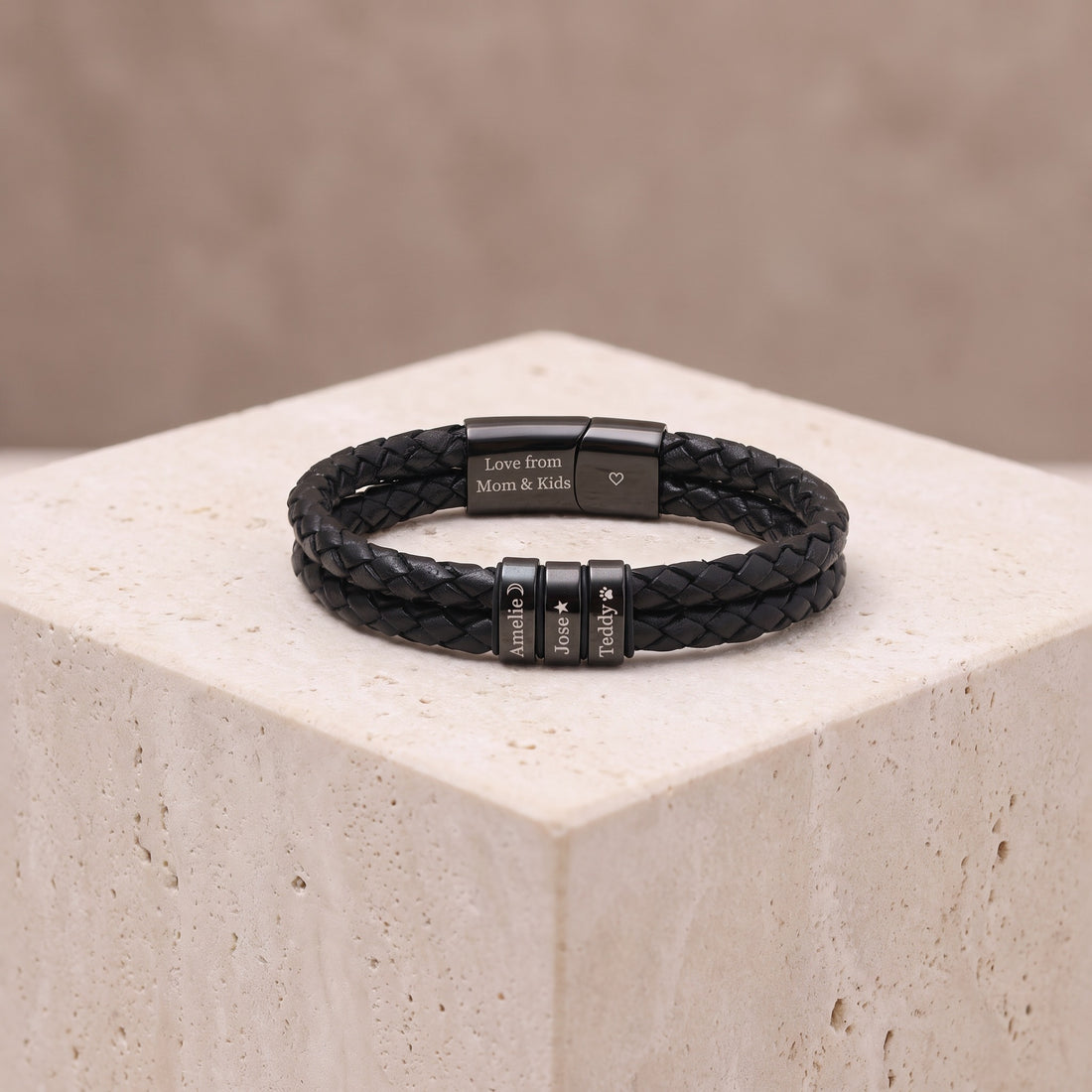 Bracelet en Cuir pour Homme avec Noms de Famille - Noir