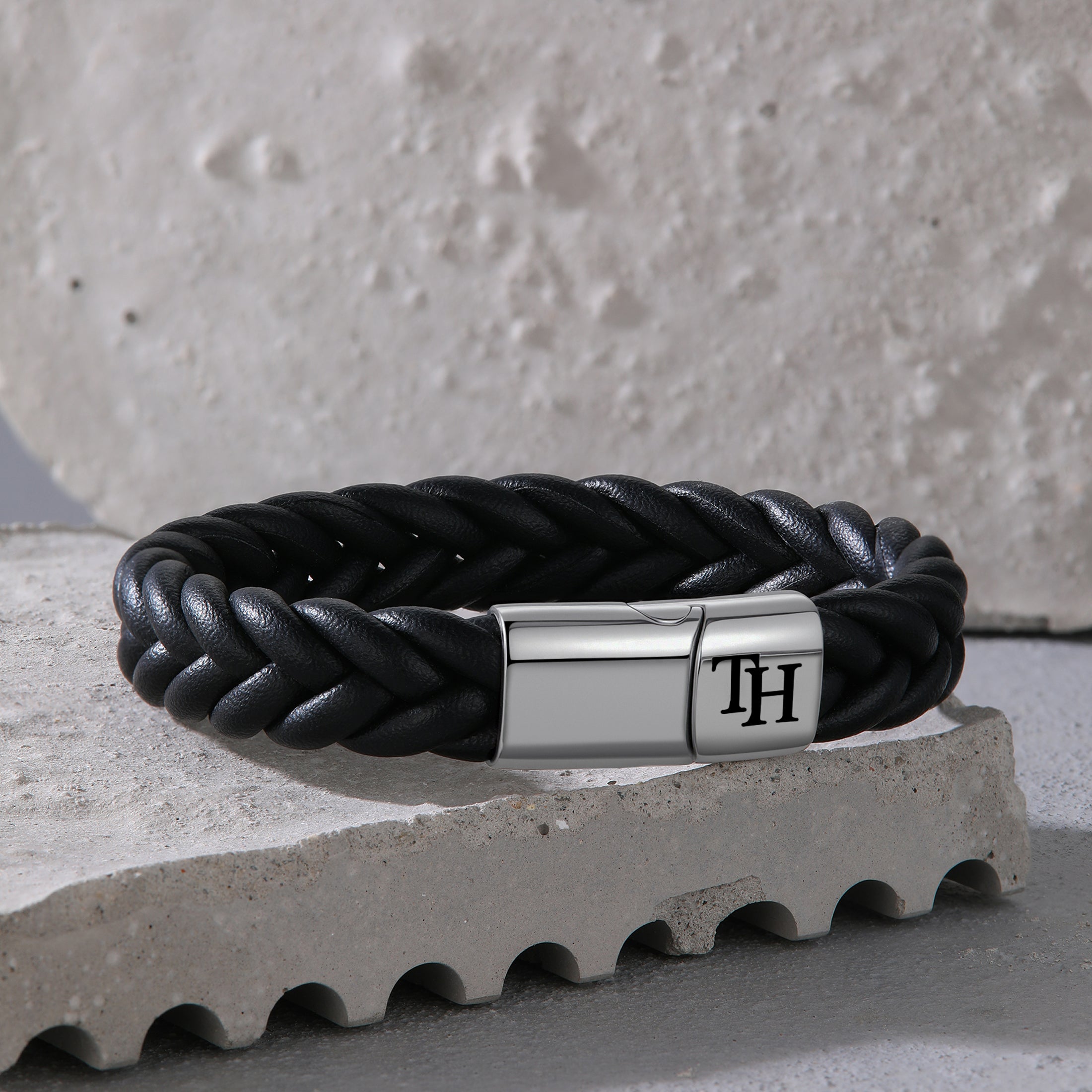 custom initial bracelet for him made of leather with gold accents