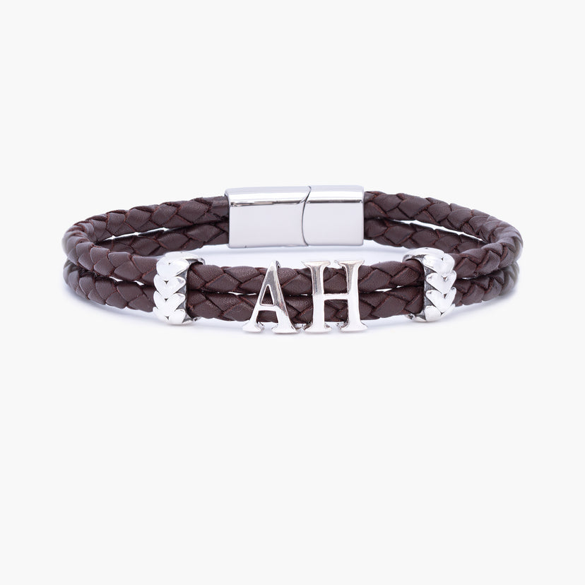 PERSONALIZED initials letters in Brown LEATHER BRACELET BROWN WITH SILVER hearts