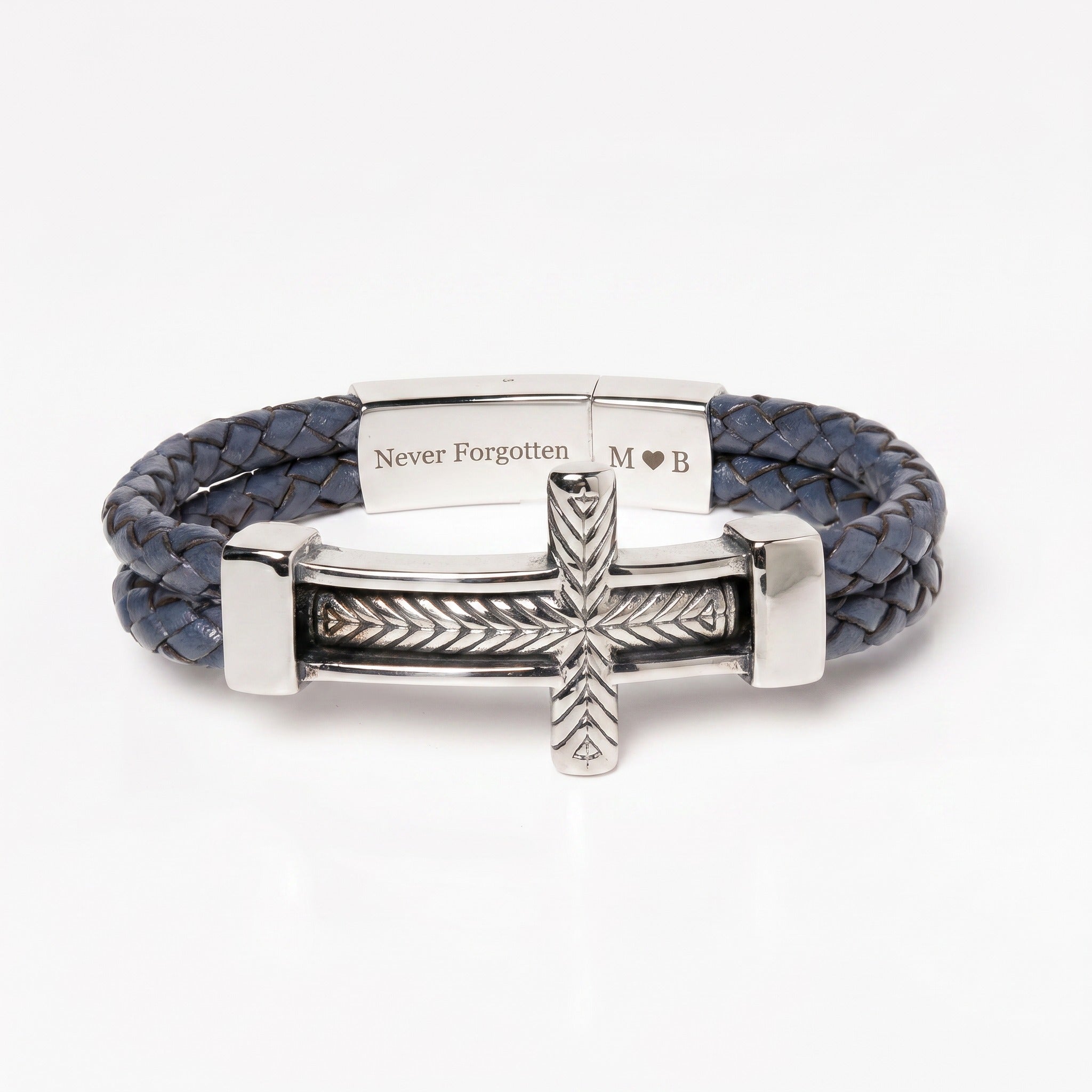 Blue braided leather bracelet with silver clasp and cross charm on a white background