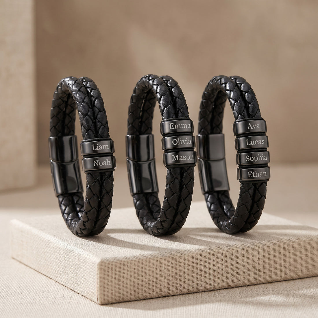 Men's Leather Bracelet with Family Names - Black