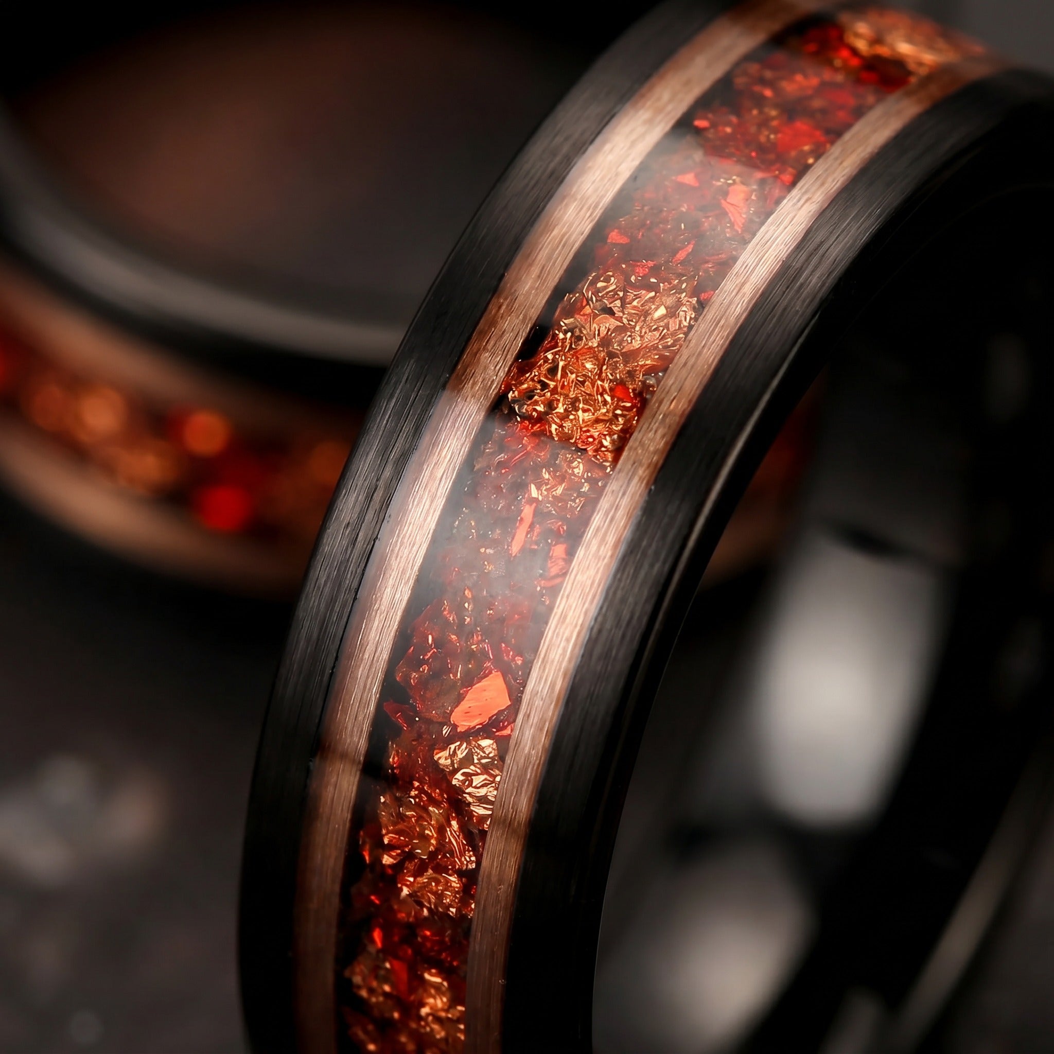 Red Opal Black Tungsten Wedding Band with Rose Gold Inlay